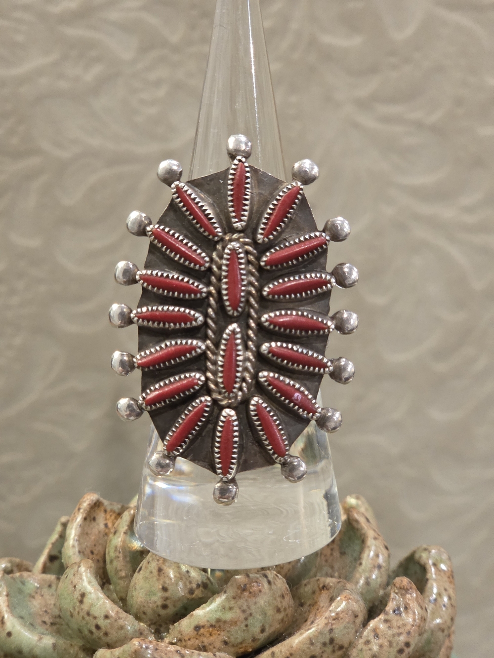 Vintage Zuni Sterling Silver Red Coral Cluster Petit Pointe Ring